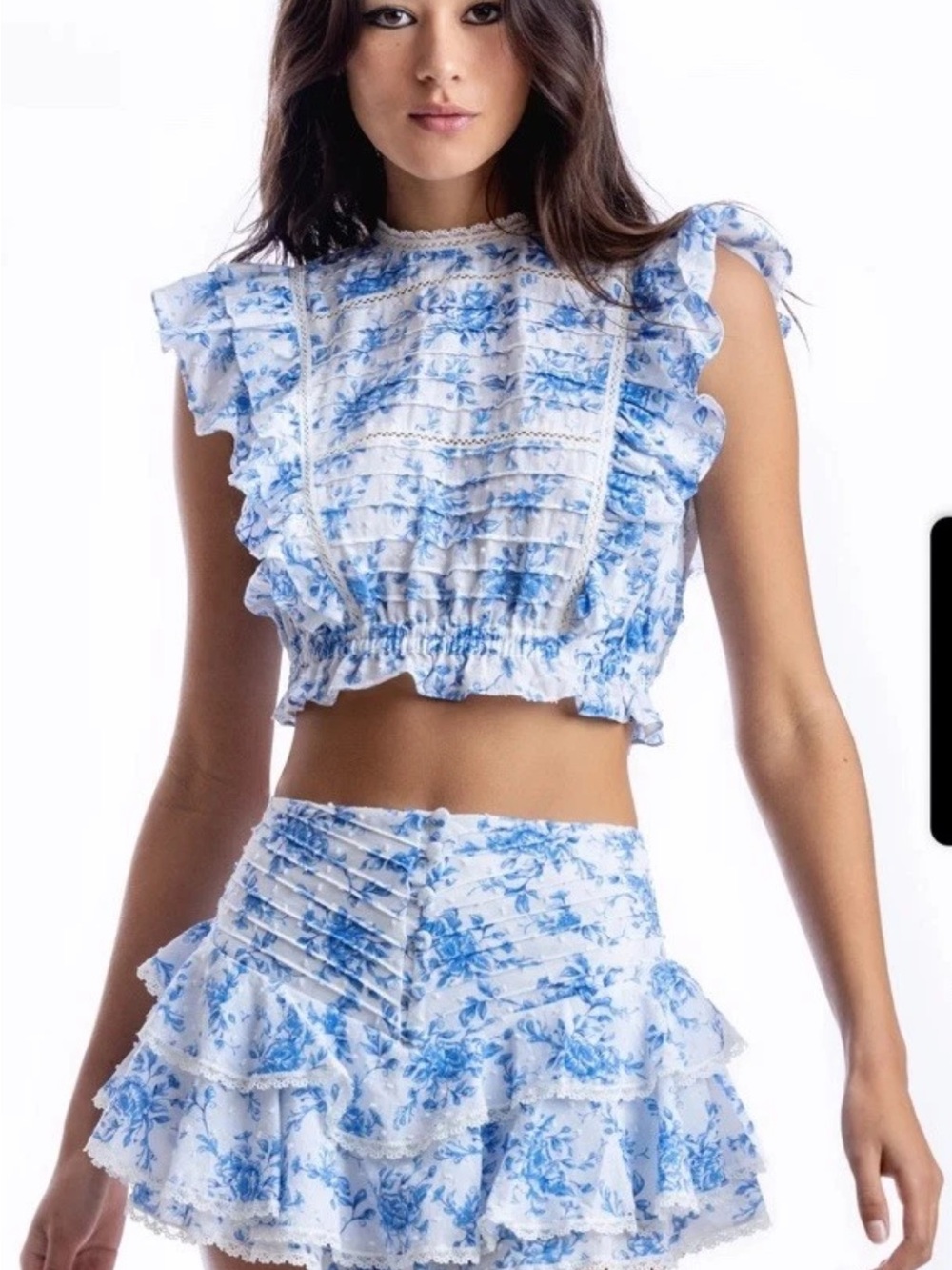 New Fillyboo Sunday Set Blue White Floral Crop Top and Shorts Set XS